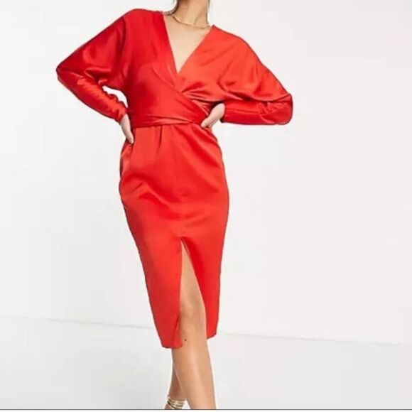 ASOS Design Red Satin Batwing Midi Dress - Picture 1 of 14